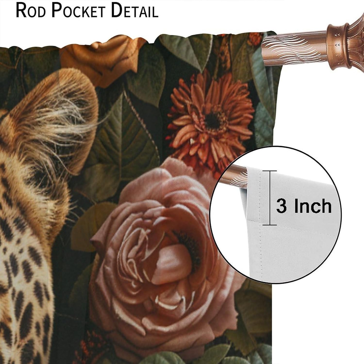 Elegant Leopard Blackout Curtains, Colorful Rose Floral Leaves Wild Cheetah Window Drapes Home Decor Rod Pocket Curtain for Living Room Bedroom, 2 Panels, Each 21" W x 45" L