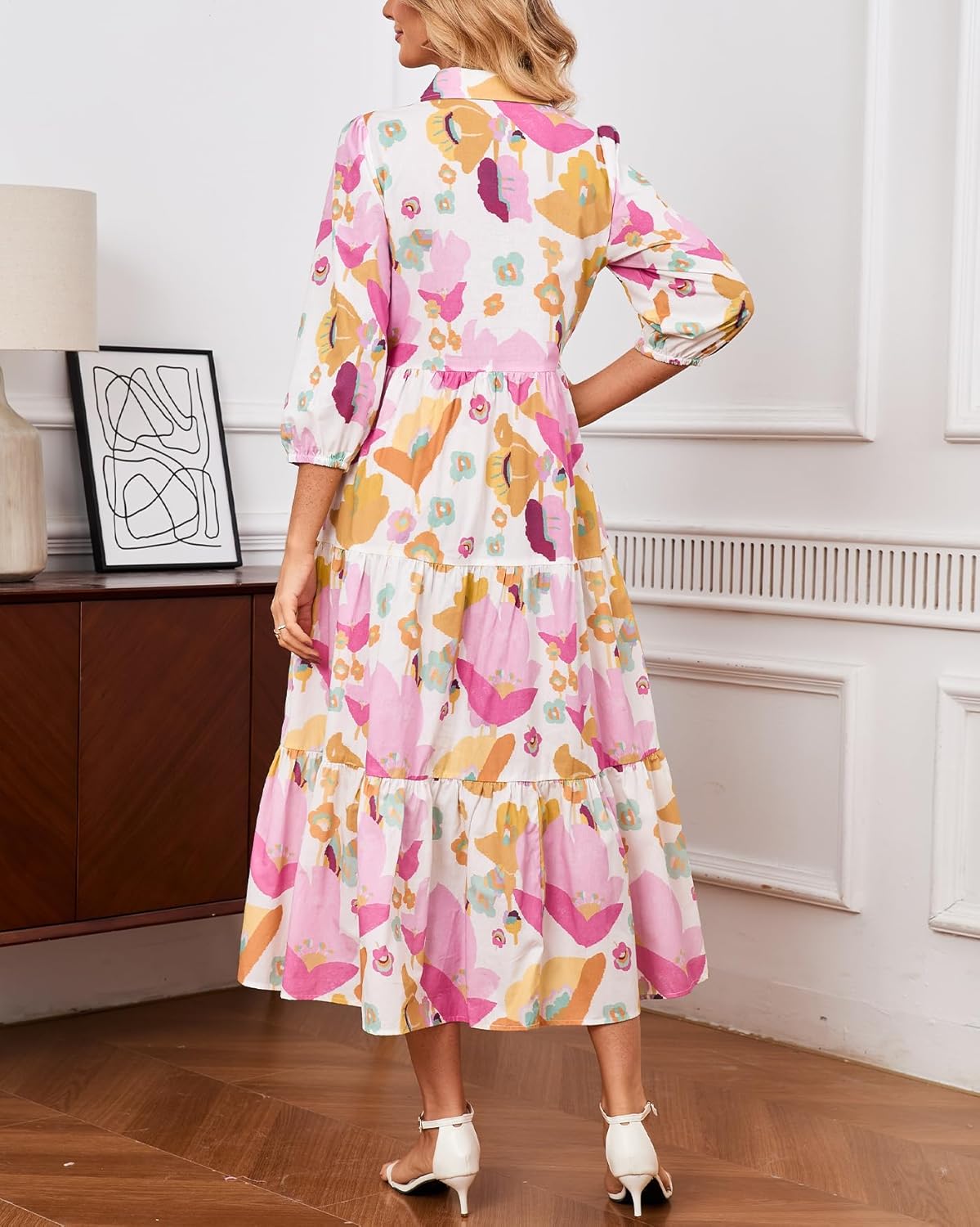 Women's Button Down Maxi Shirt Dress Collared 3/4 Sleeve Plaid Long Dress Casual Flowy V Neck Tiered Cotton Maxi Dress