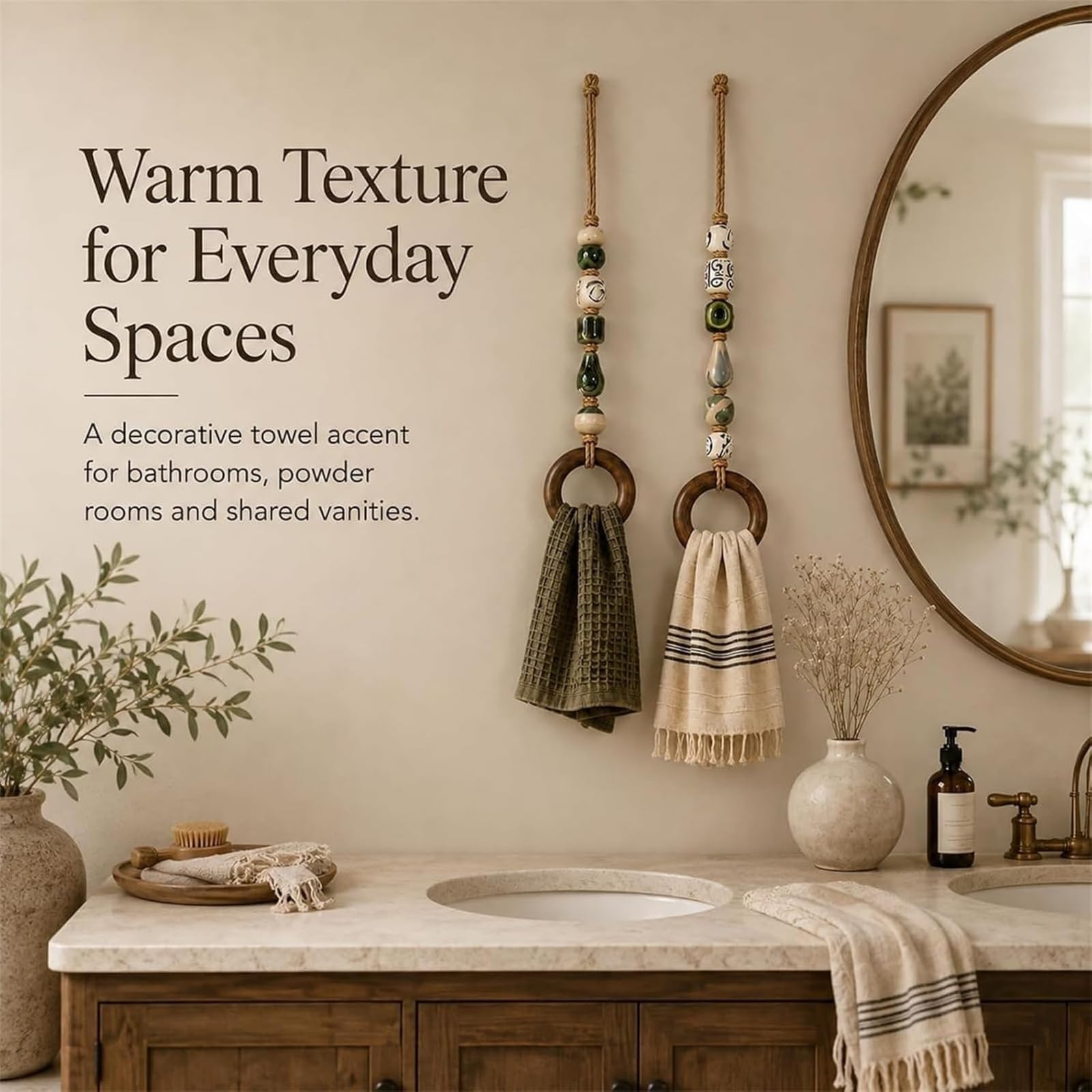 Appendi asciugamani decorativo con perline e anello in legno, design boho (MIX*4)