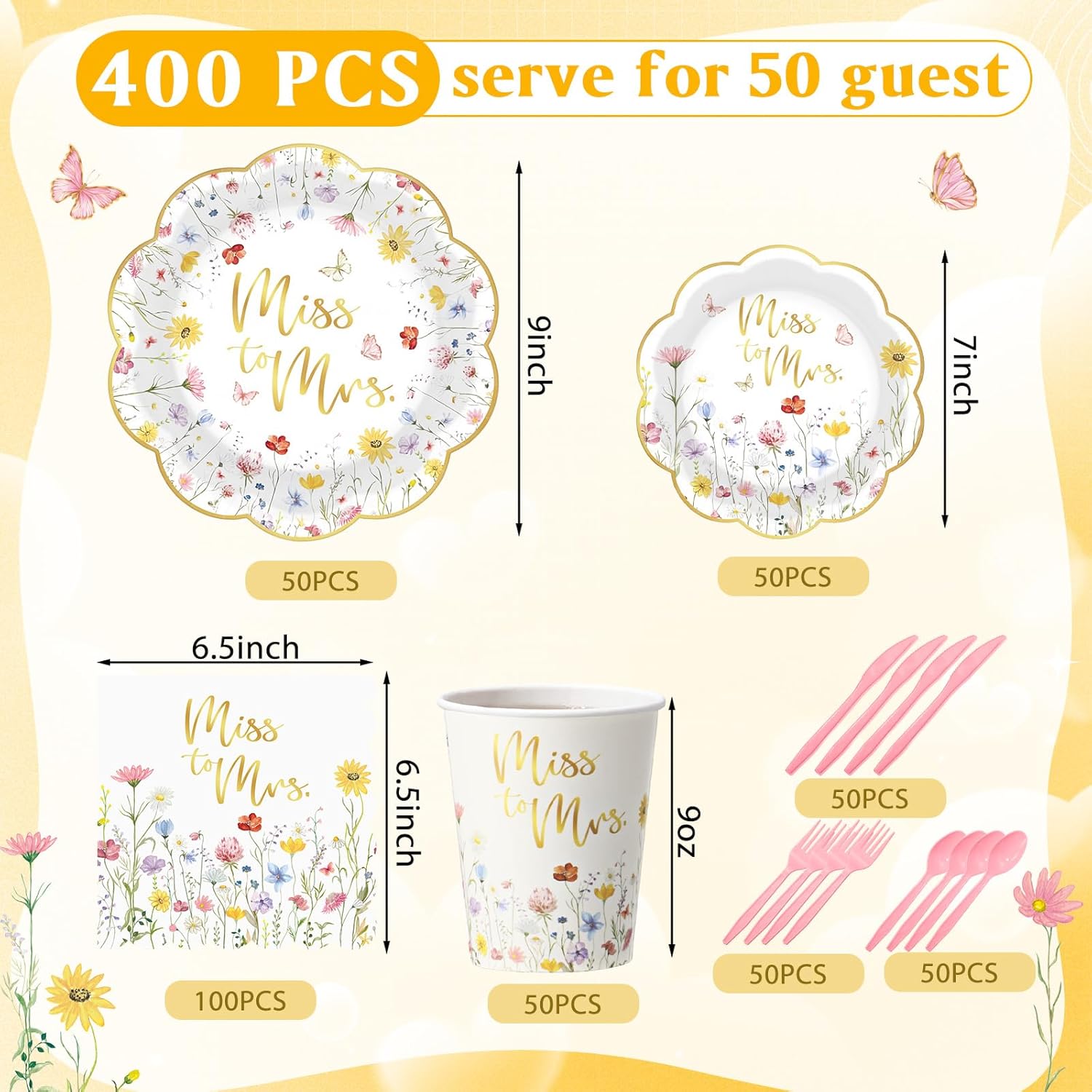 Funnymoom 400 Pcs Wildflower Bridal Shower Party Supplies for 50 Guests Floral Miss to Mrs Paper Plates and Napkins Knives Spoon Fork Cup Disposable Dinner for Women Wedding Engagement Party Favor