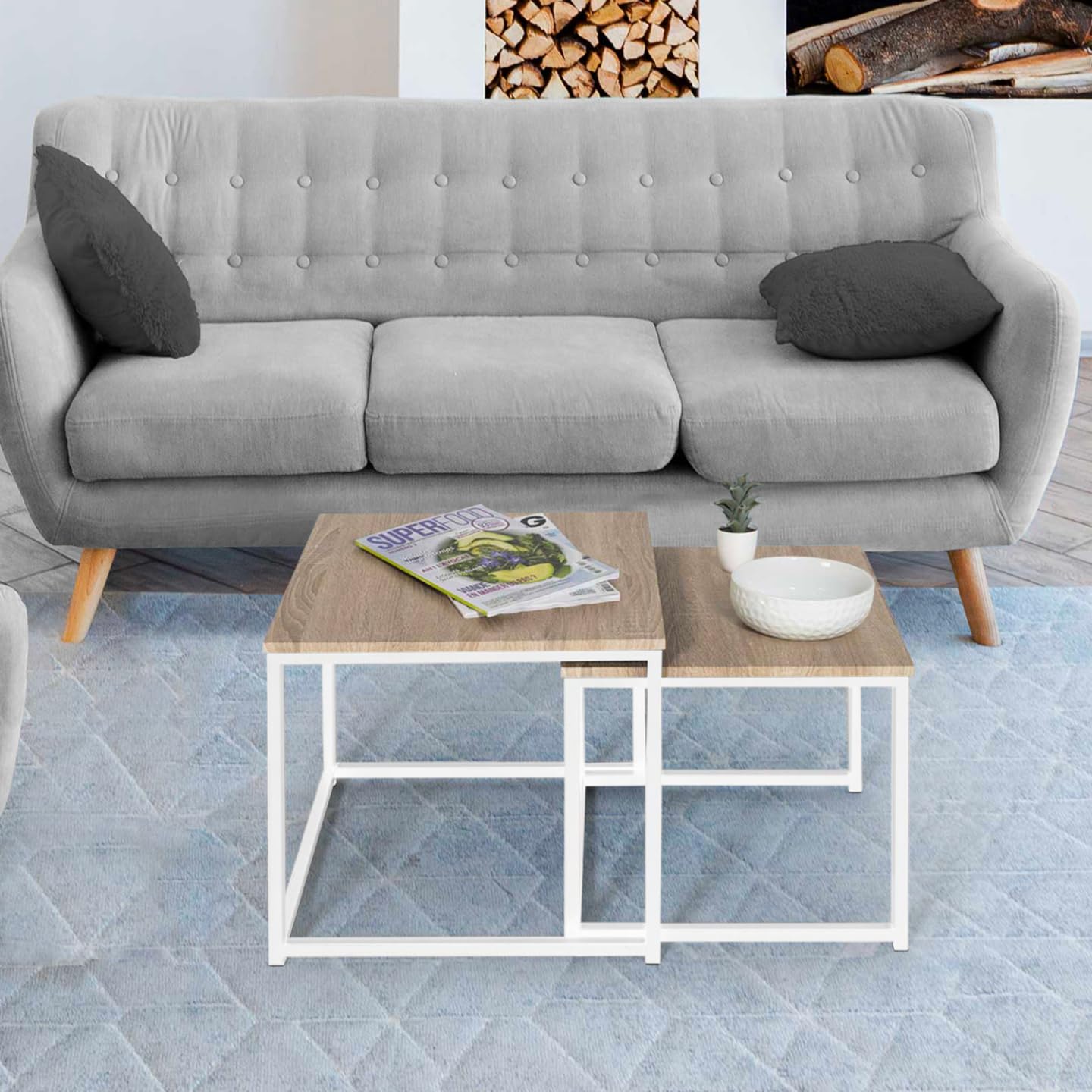 IDMarket - 2 mesas de centro Detroit 40/45, diseño industrial, madera y metal, color blanco