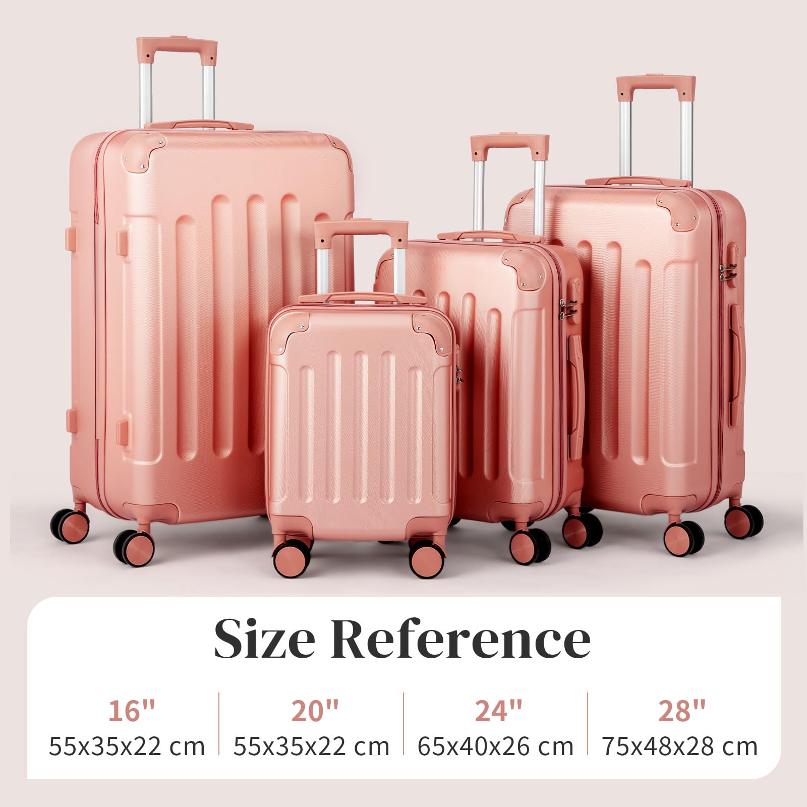 LEADZM Set di Valigie Rigide 4 Pezzi, Set Valigie con Rinforzi Angolari, Luggage Suitcase Grande 23 kg in ABS (Rosa oro)