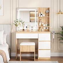 GarveeHome Vanity Desk with Mirror and Lights - Modern Makeup Dressing Table with Outlets, Storage Stool, 4 Drawers & Hair Dryer Holder - 3 Colors LED Vanity Mirror, Vanities for Bedroom, Natural