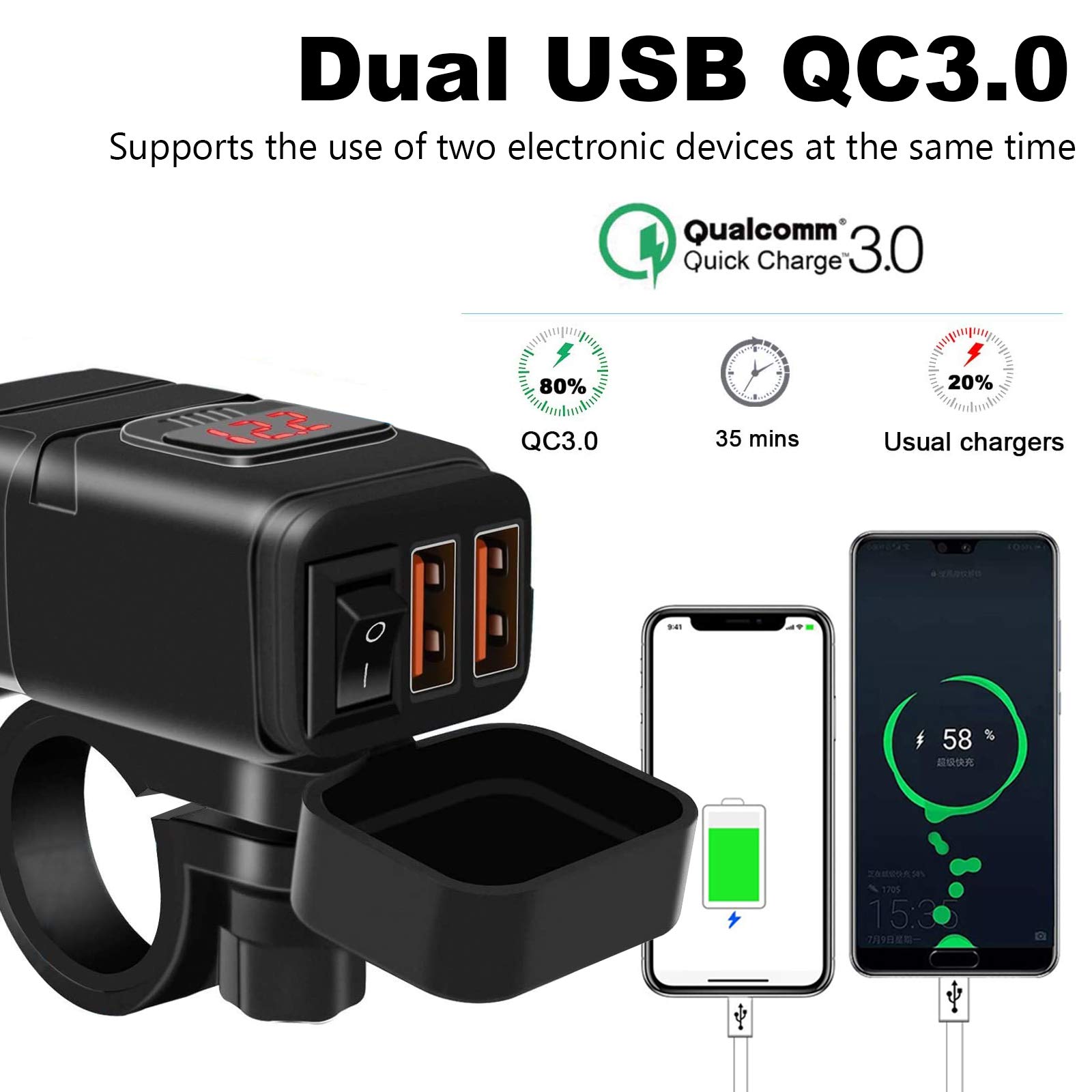 Presa USB Auto YGL QC3.0 Con Voltmetro - 2 Porte Impermeabili, 12V/24V Per Auto, Moto, Camper E Barche - Foto 2