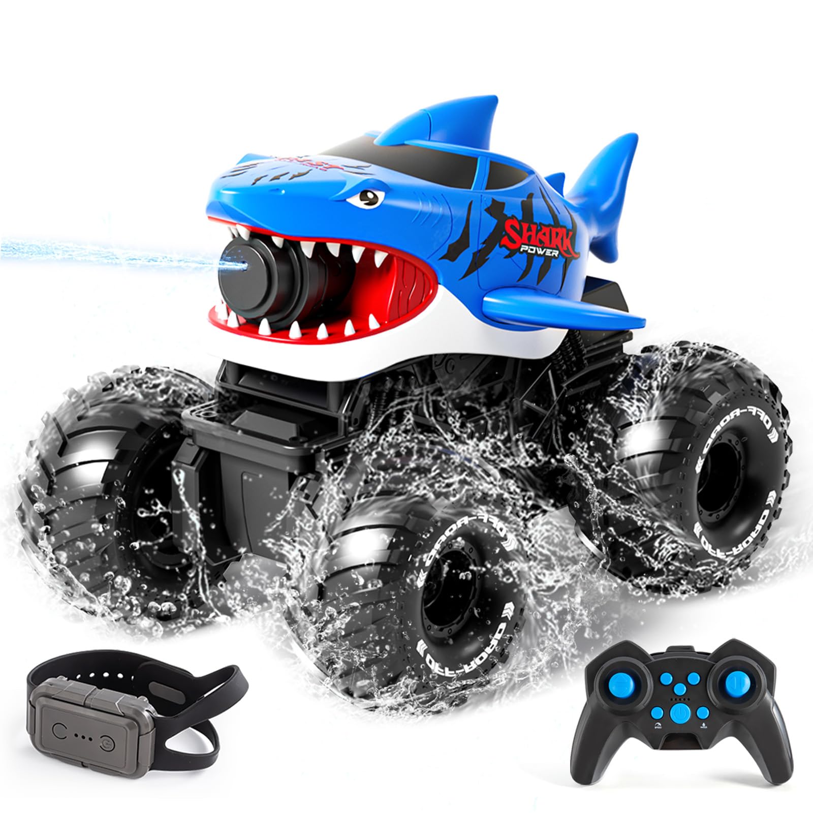 Gesture Sensing Amphibious Remote Control Shark Monster Truck with Water Squirt 4WD 1:16 RC Car All-Terrain Waterproof RC Tank Pool Toy Outdoor Summer Gifts for Kids Age 6+(With 2 Replaceable battery)