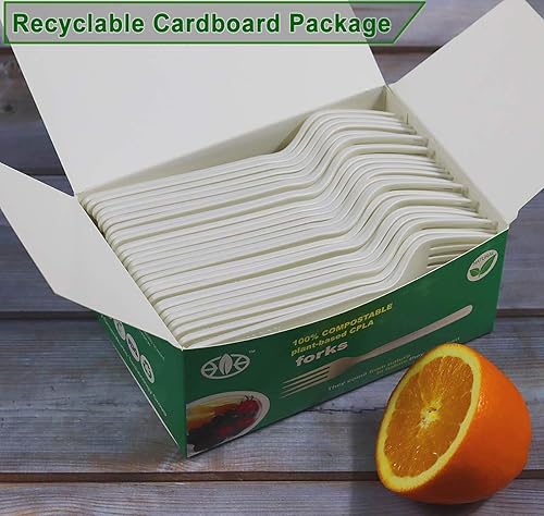 Miniatura 3 de Tenedores, cucharas y cuchillos biodegradables y compostables, cubertería CPLA pesada., Blanco, 100