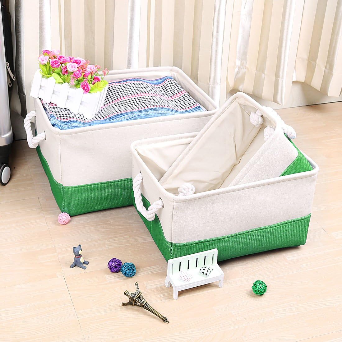 uxcell Collapsible Fabric Storage Basket Bins with Dual Handles, Foldable Toy Bins for Laundry Clothes Storage, Home Organizer for Bedroom Office Closet Shelves Green+White Medium