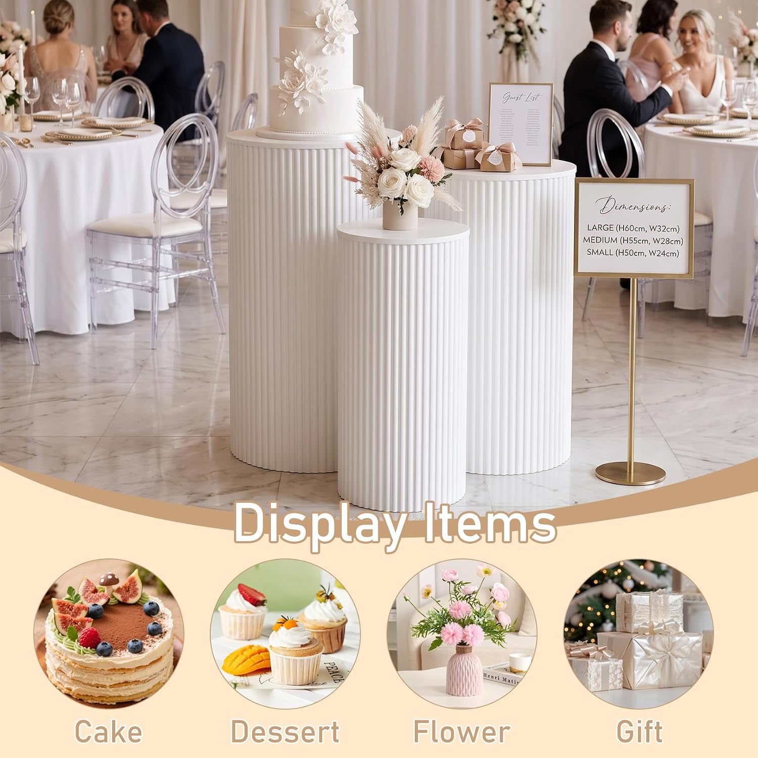 HAISIWLKJ 3PCS Round Pedestal Stands for Parties, Large White Metal Round Plinths Dessert Table Cube Display Pillars for Birthday Wedding Bridal Party Decorations