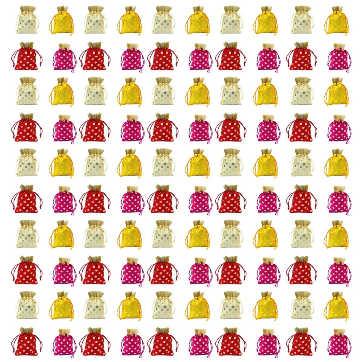 Meher Collection Women’s Ethnic Rajasthani Polka Dots Potli Bag for Return Gifts Wedding Gift for mom Potli Purse Gift Bags – Pack of 100 (Cream, Yellow, Red, Dark Pink) 100 gm X-small (14.5cm x 10cm)-image-36