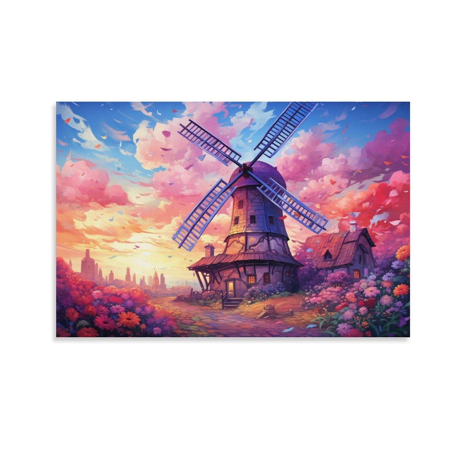 CPLVKWRQJ Bright Magical Colorful Single Piece Colorful Windmill at Sunset Framed Canvas Print - Bedroom Statement Piece Easy to Clean Ready to Hang 24x36inch(60x90cm)