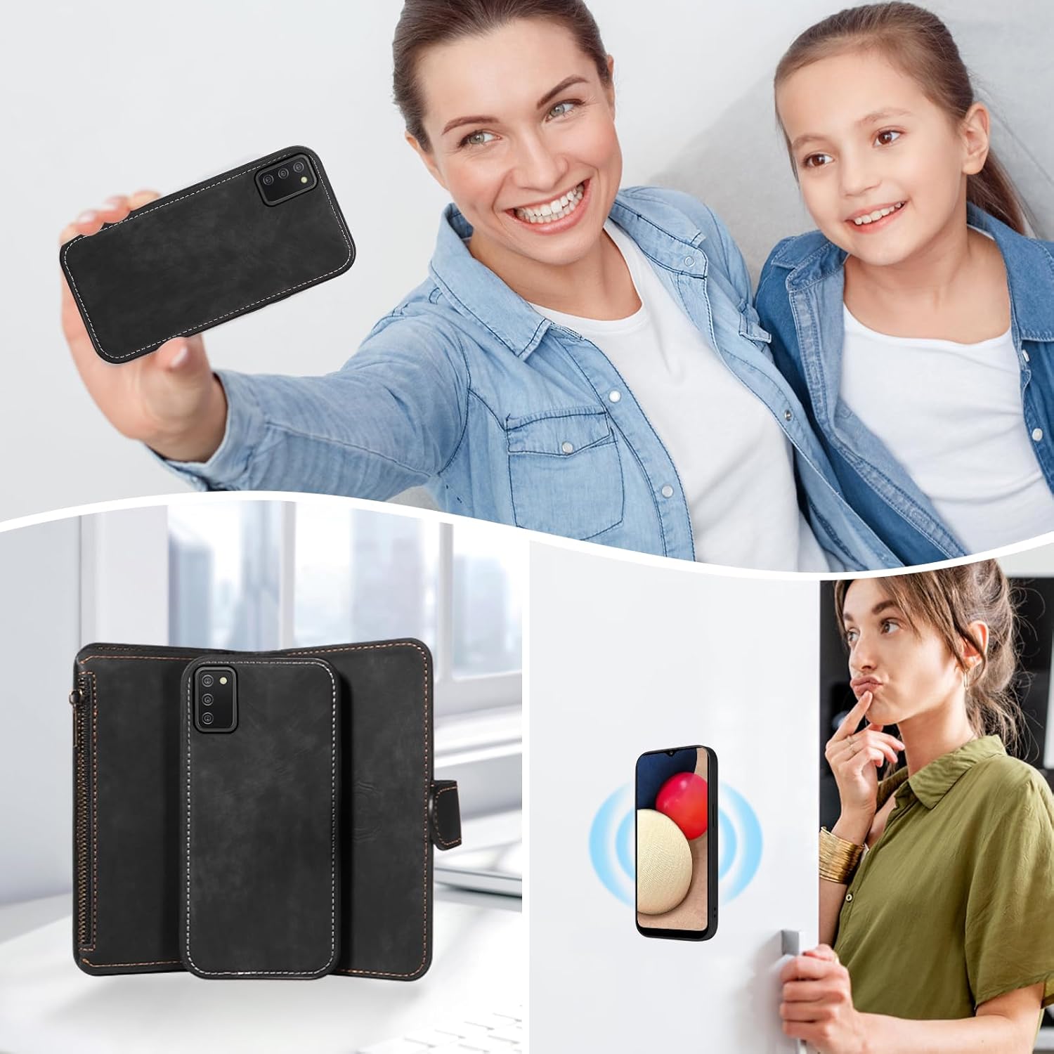Asuwish Phone Case for Samsung Galaxy A02s Zipper Wallet Detachable Magnetic Cover with Tempered Glass Screen Protector Crossbody Lanyard Strap Card Holder A 02s Ao2s M02s SM-A025V Women Girls Black
