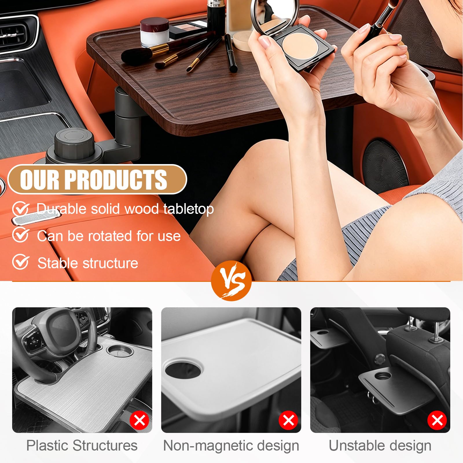 Autotisch für Beifahrer Auto Tray Tablett, 360° drehbar Schreibtisch aus Holz für Autofahrten, Auto Tisch Snacktablett zum Essen,Trinken und Schreiben, Laptop, Arbeit