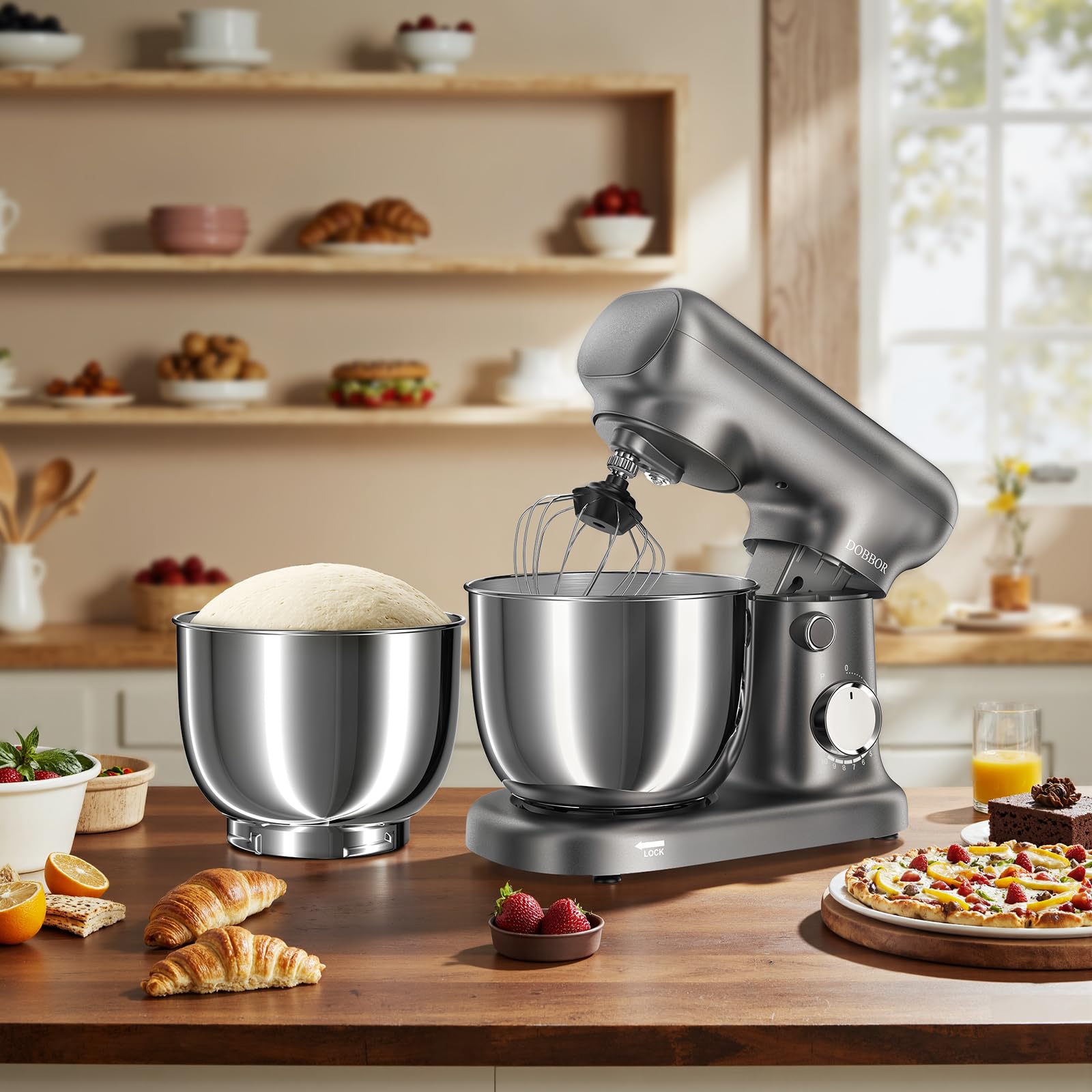 Robot Pâtissier, Robot de Cuisine Professionnel Avec bol 2,5L+ 3L, Batteur éLectrique à 10 Vitesses De 1500w - Avec Fouet à Oeufs, Crochet à PâTe Et Batteur Plat Pour La PâTisserie à La Maison