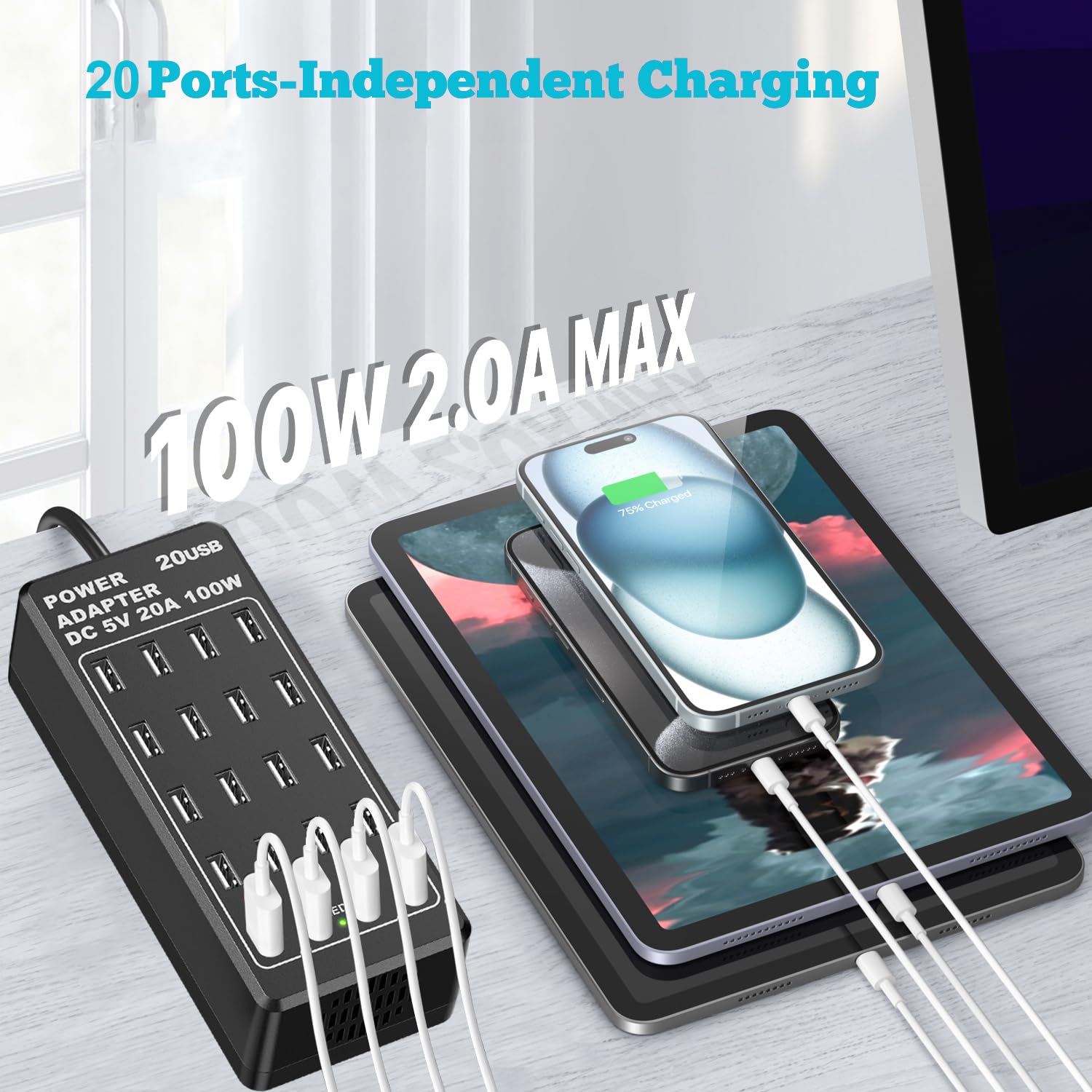 Caricatore USB, stazione di ricarica USB-A da tavolo a 20 porte, caricatore intelligente usb multifunzione da 100 W, compatible con iPhone 11/12/13/14/15/Samsung S22/S23/S24/Google Pixel/iPad/tablet