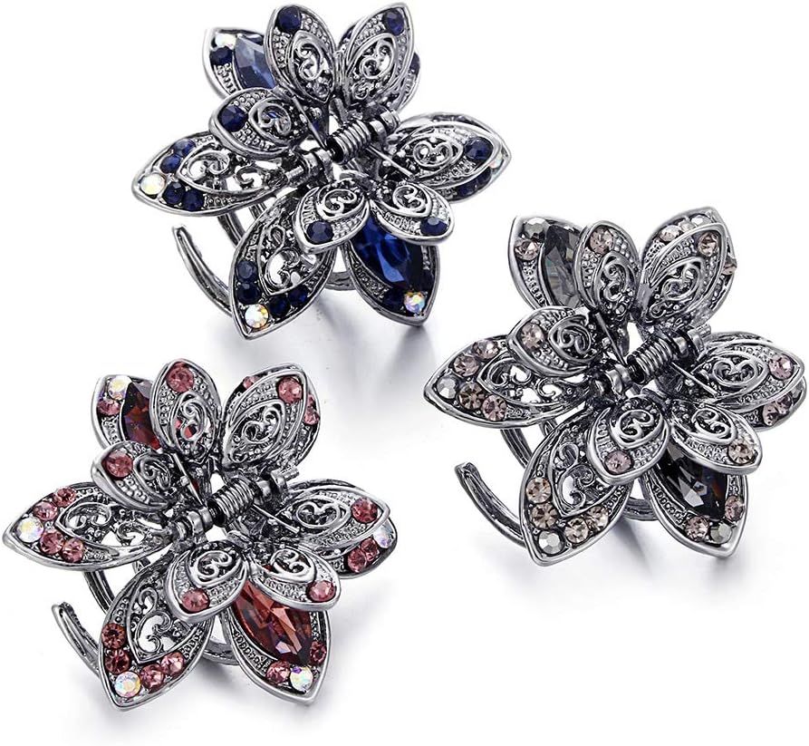 MOTZU 3 Pack Mini Jaw Clips, 1.5 inch Metal Crystal Hair Claws, Non-Slip Flower Barrette, Vintage Metal Rhinestone Hair Clip Accessories for Women Girls, Multicolour