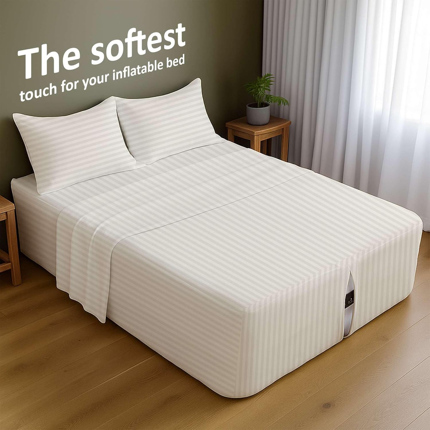 Ready To Rest Queen Size Air Mattress Sheet Set - Fits 18in to 24in Pillow Top - for Guests, Camping, RVs, Includes 2 Pillowcase, 1 Flat Sheet & 1 Fitted Sheet (Ivory Stripe)