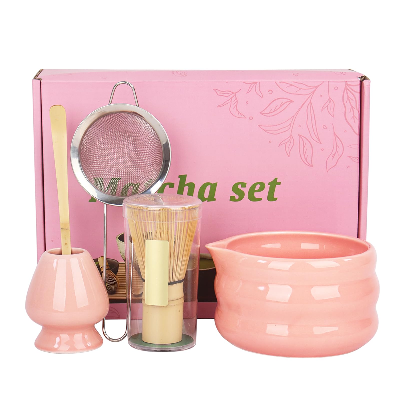 Set of 5 Matcha Tea Set with Whisk and Bowl, Matcha Kit for Ceremony Ceramic Matcha Bowl Gift for Tea Lovers(Pink)