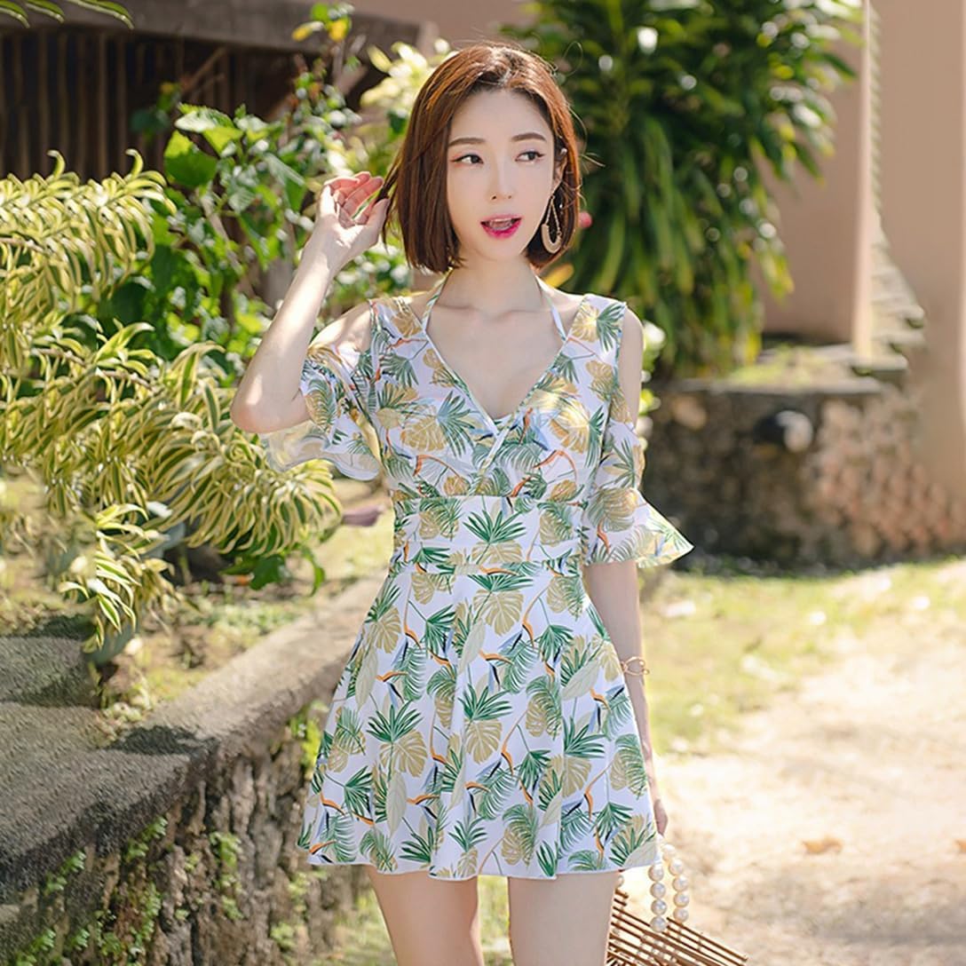 [murfeko] レディース ワンピース水着 体型カバー 大きいサイズ Vネック スイムウェア 美スタイル 美脚 フレアスカート