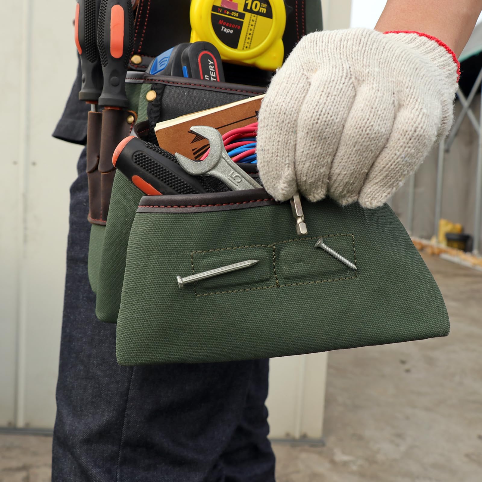 TOURBON Delantal de Lona y Cuero con Cinturón Portaherramientas Bolsa Organizadora de Almacenamiento de Herramientas Resistente Múltiples Bolsillos para Electricistas Carpinteros