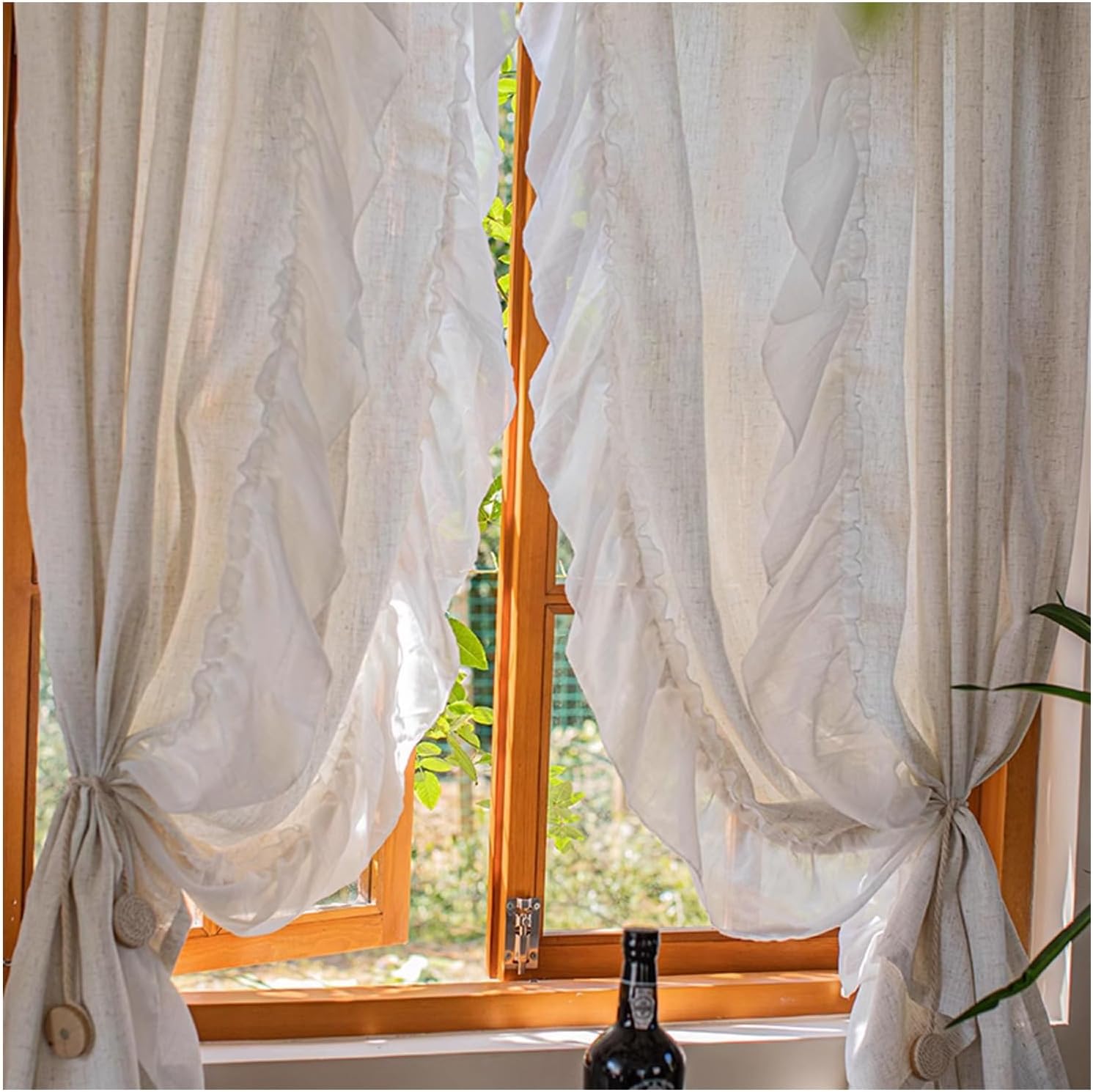 Semi Blackout Short Curtains, Pastoral Rod Pocket Kitchen Linen Small Window Treatments, Ruffle Half Window Curtain for Living, Dining Room, Bedroom, 2 Panels (Color : Beige, Size : WxH 200x180cm/79