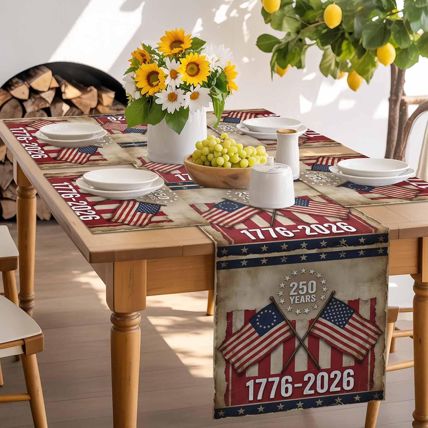250 Anniversary USA Flag Placemats Set of 12 Vintage Brown American Flag Place Mats Indoor Wipeable Table Mats Washable Cloth Dining Table Placemats for Kitchen Holiday Party Home Decor 13x19 Inch