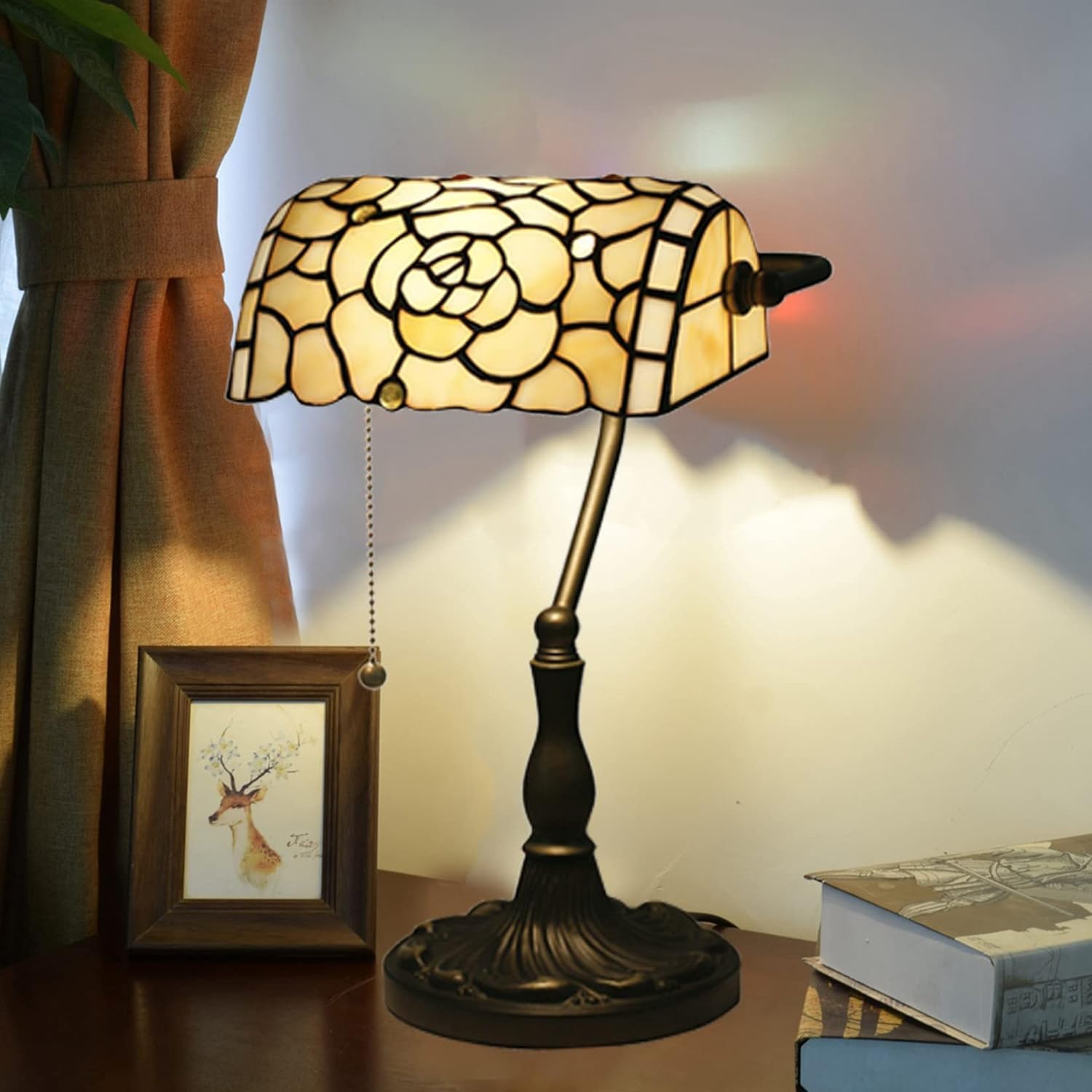 Lampa bankierska w stylu Tiffany'ego lampa na biurko czerwona różowa róża koliber witraż lampa stołowa 15 "wysoka luksusowa regulowana lampa fortepianowa dla kochanka dziewczyna pani salon sypialnia,