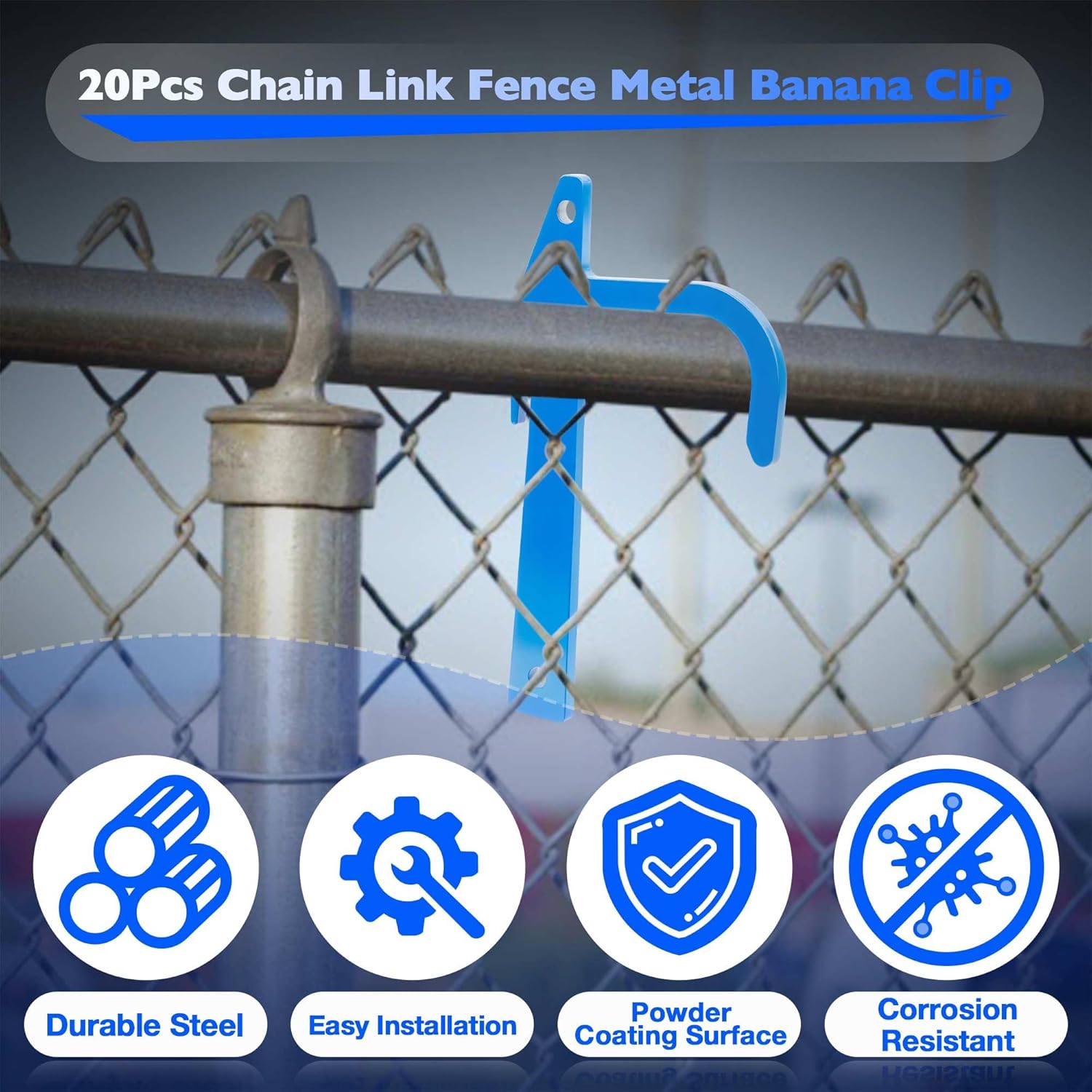 20Pcs Blue Chain Link Fence Banana Clips, Metal Tensioning and Stretching Tool Set, Banana Clamps for Stretch and Secure Fabric