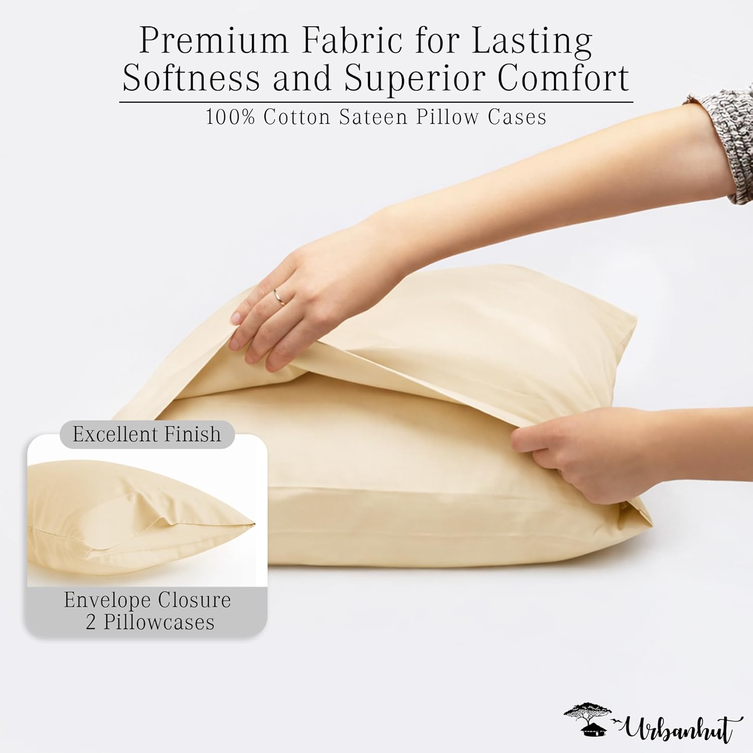 URBANHUT 100% Cotton Pillowcases, King Size, Ultra Soft Pillow Case, 20x36 Inches Set of 2, Hotel Quality Premium Cooling Pillow Cases - Sand - Image 5