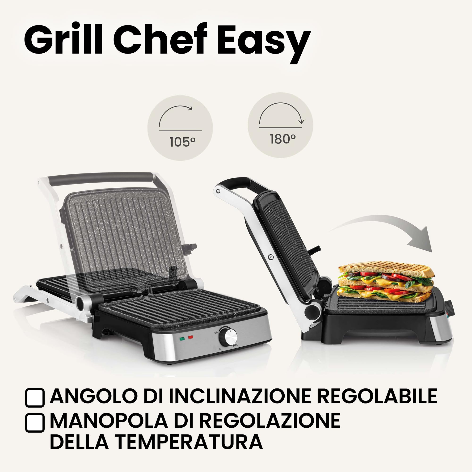 Zeegma Grill Chef Easy - Grill Elettrico 2 in 1 e Tostapane Panini, Potenza 2000W, Superficie Antiaderente in Ceramica, Regolazione Temperatura e Inclinazione, Piastre Removibili Lavabili in Lavastovi