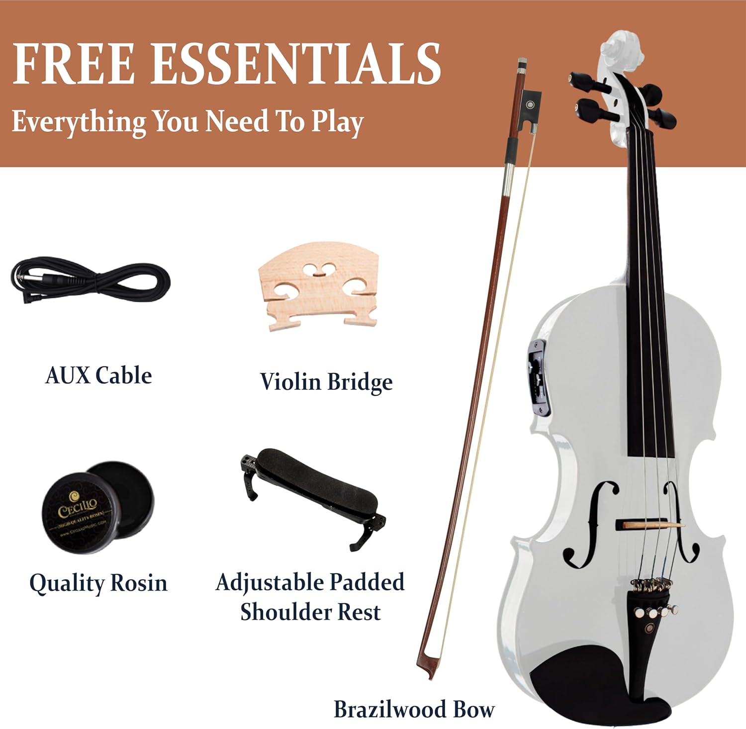 Cecilio 4/4 Full Size Acoustic & Electric Violin for Beginners & Professionals, Hand-Carved Solid Spruce Top, Ebony Fine Tuners, Full Set with Case, Bow, Rosin & AUX Cable (Pearl White)