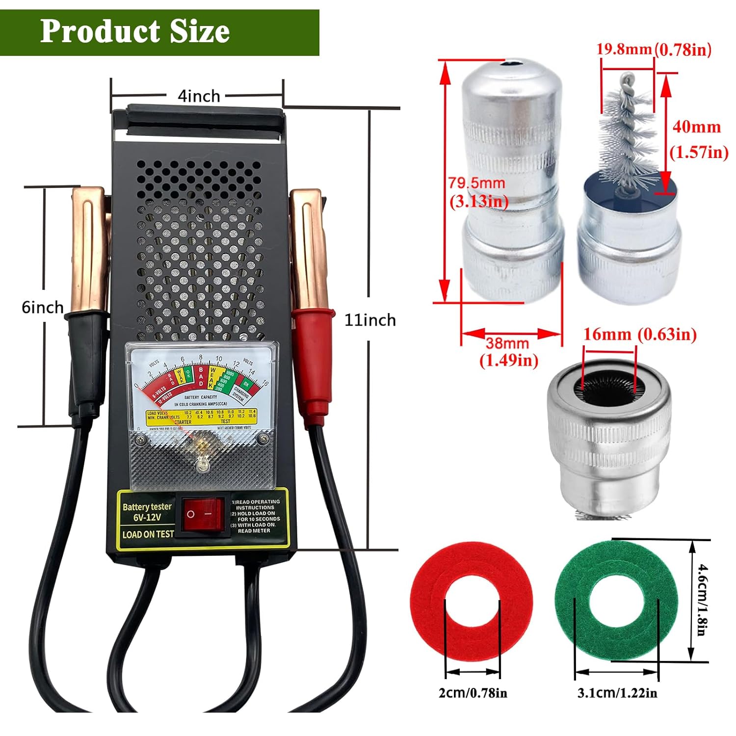 Car Alternator Tester 12V 6V with Voltmeter Alligator Clips, 2PCS Battery Terminal Cleaner, 4PCS Anti-Corrosion Fiber Washers for Car, RVs, Boats
