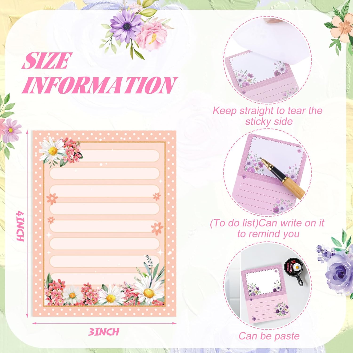 12 Pads Cute Sticky Notes Flower Sticky Notes 3 x 4 Inches Colored Adhesive Memo Reminder Decor Floral Memo Pads Flower Notepads for Journal Office Birthday Gifts - Image 3