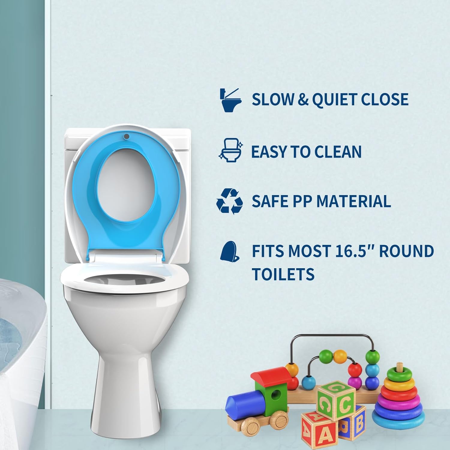 Round Toilet Seat 16.5'' with Toddler Seat Built in, Potty Training Toilet Seat Round Fits Both Adult and Child, Slow Close With Magnets- Round,No Slapping,Easy Installation,Safe PP Material,Blue