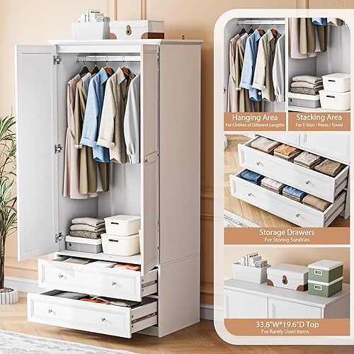 Miniatura 4 de VINGLI Armario Armario con puertas y cajones, Armario para armarios de dormitorio, Armario blanco con cajones, 33.8 pulgadas de ancho x 19.6