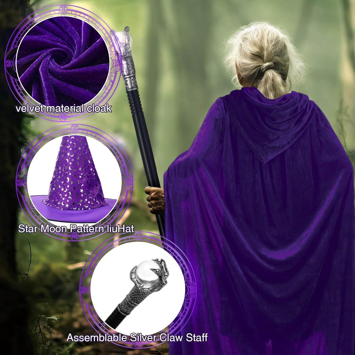 Hicarer 4 Pcs Halloween Wizard Costume Set Include Wizard Hat Cloak Wig Beard Wand Costume Accessories for Adults - Image 3