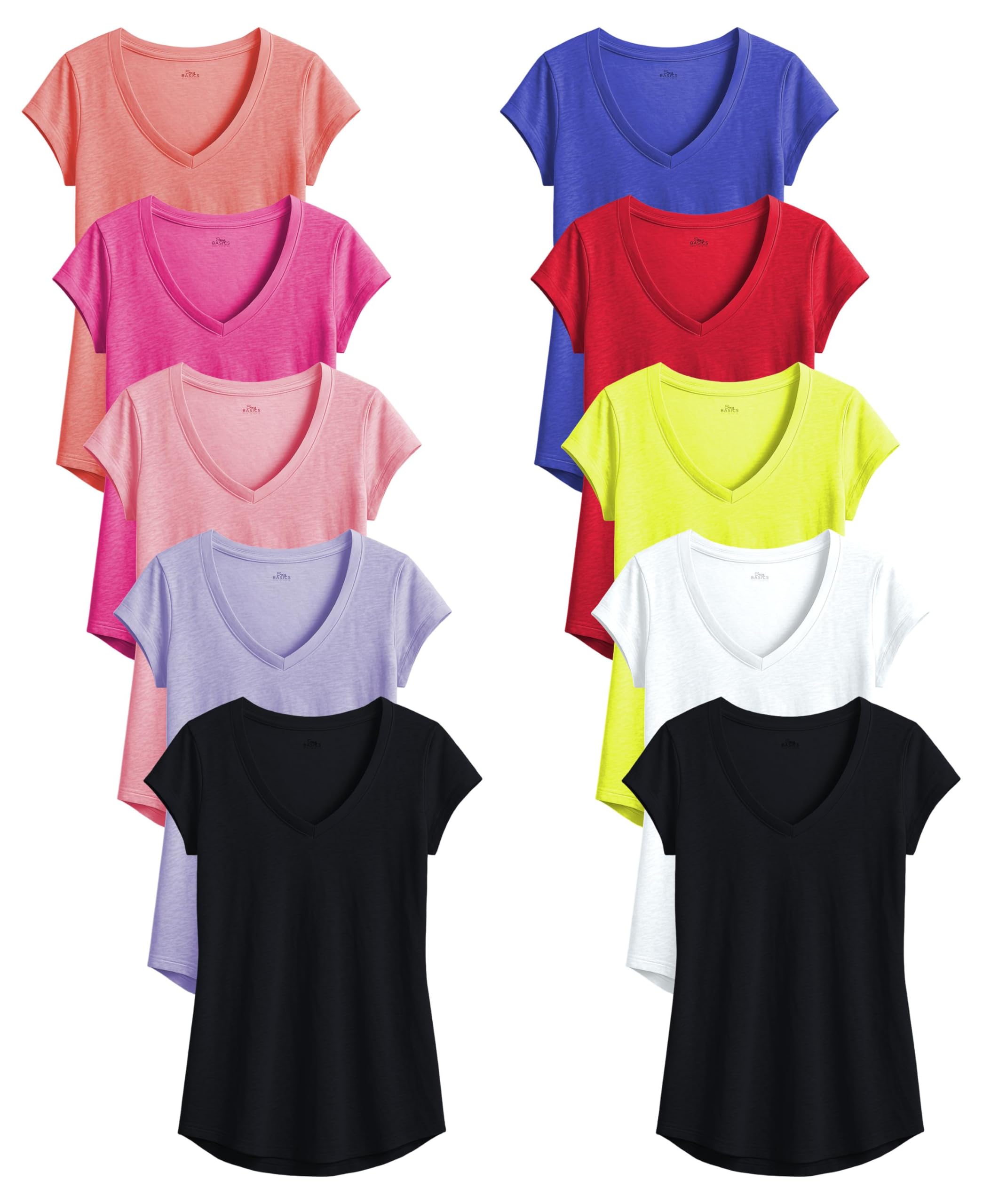 Sexy Basics Women's V-Neck Short Sleeve Tops | Semi Sheer Slub Burnout Fabric Workout T Shirts | Multi Packs & Colors, 10 Pack - Bold Solids a, XL