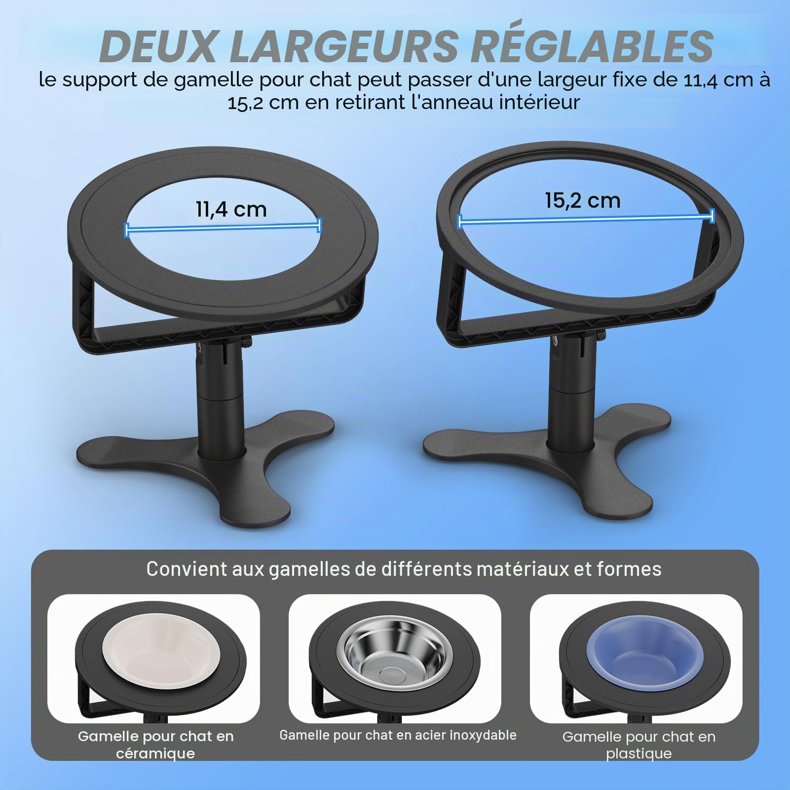Bol surélevé pour Chat avec Support inclinable à 15°, Hauteur Ajustable 6/10/15 CM(2,4"/4"/6"), Bols en Acier Inoxydable, pour Chats et Chiots d'intérieur, Support antidérapant