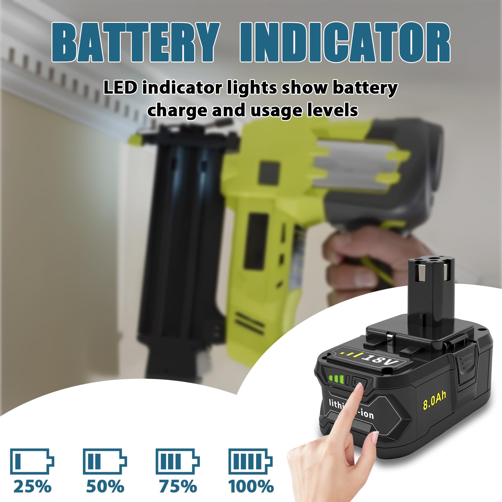 Batería de repuesto de 8,0 Ah para batería de 18 V, batería de iones de litio de alta capacidad con indicador LED, compatible con ONE+ 18 V Cordless Power Tools, con protección contra sobrecarga