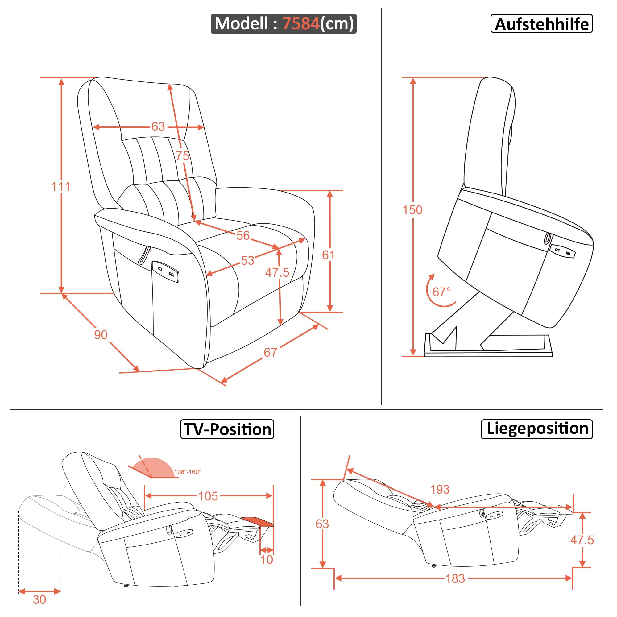 M MCombo Fernsehsessel mit Aufstehhilfe Elektrisch 2 Motoren, mit Massage & Heizung, Relaxsessel mit Liegefunktion bis 160° 35D Vollschaum-Sitzkissen 7584 (Mikrofaser, Grau)