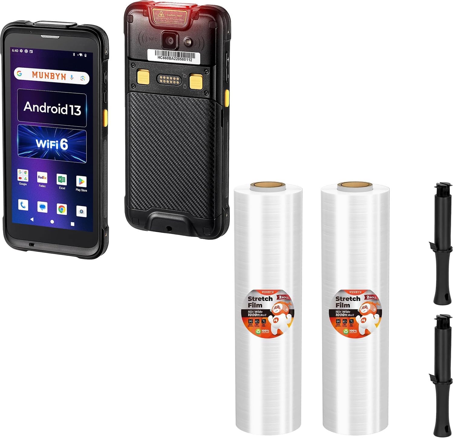 MUNBYN Shrink Wrap, Stretch Wrap with Handles and 2024 Android 13 Barcode Scanner with 5.5" Full Screen