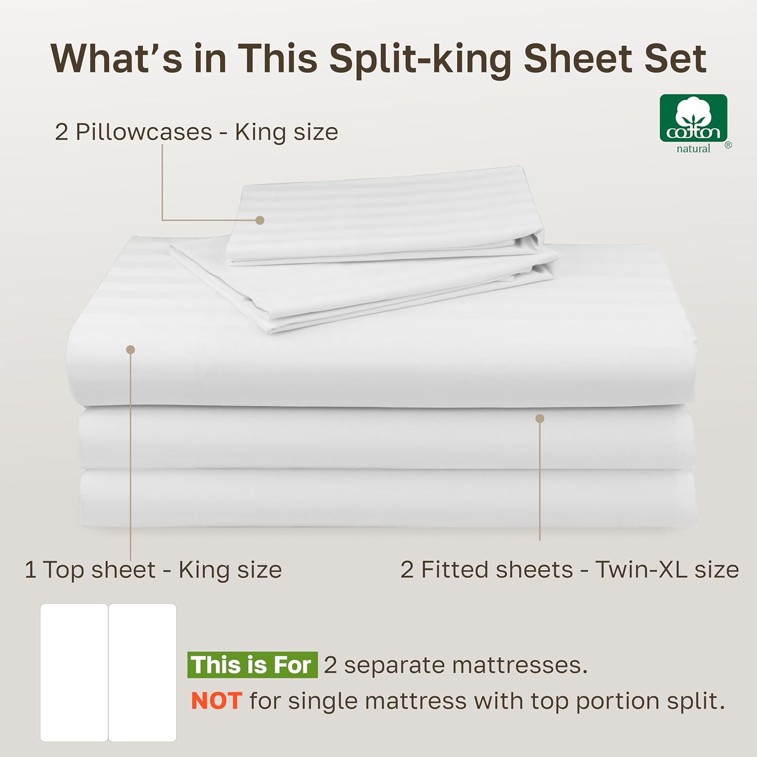 Luxury Split King Sheets Set For Adjustable Bed, 100% Cotton 500 Thread Count Sateen, Snug Fit, Set with Twin-XL Fitted Sheets, Damask Stripe Bedsheets (Split King, Stripe - White) - Image 3