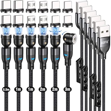 マグネット 充電ケーブル 540°回転 USBケーブル 3in1【6本組・0.5m+1m+1m+2m+2m+3m+12個端子】LED付き マグネット式 着脱式 防塵 磁石 USB-C Type-C Micro-USB i-Products コネクター 全機種対応 Android タイプC スマホ 1ピン 充電ケーブル 充電コード USB充電器【AUFU】（ブラック・6本組）