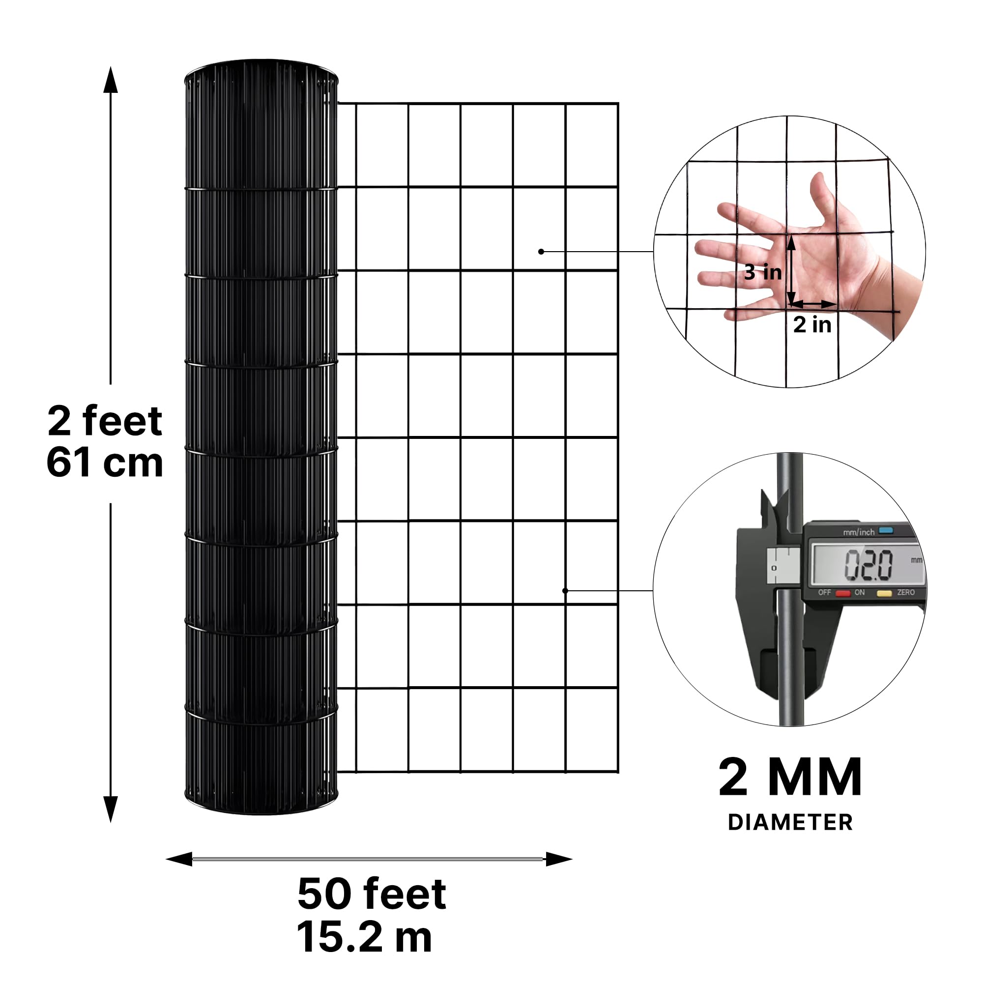Thealyn Gartenzaungitter, 60 cm x 15,2 m für 3 ft Zaunpfosten, 5cm * 7,5cm Löcher, feuerverzinkte Maschendrahtumzäunung, 2mm PVC-beschichteter geschweißter Drahtzaun Käfig Geflügelnetz Garten