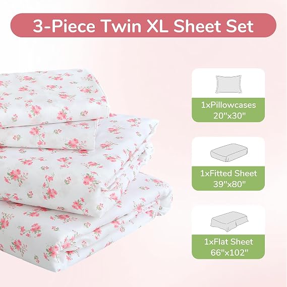 MUXHOMO TwinXL Size 3 Piece Sheet Set, Soft Breathable Bed Sheet Set for Bedroom with Deep Pocket Up to 16, Wrinkle-Free & Cooling Bedding for Oeko-TEX Certified - Blossoms Light Pink