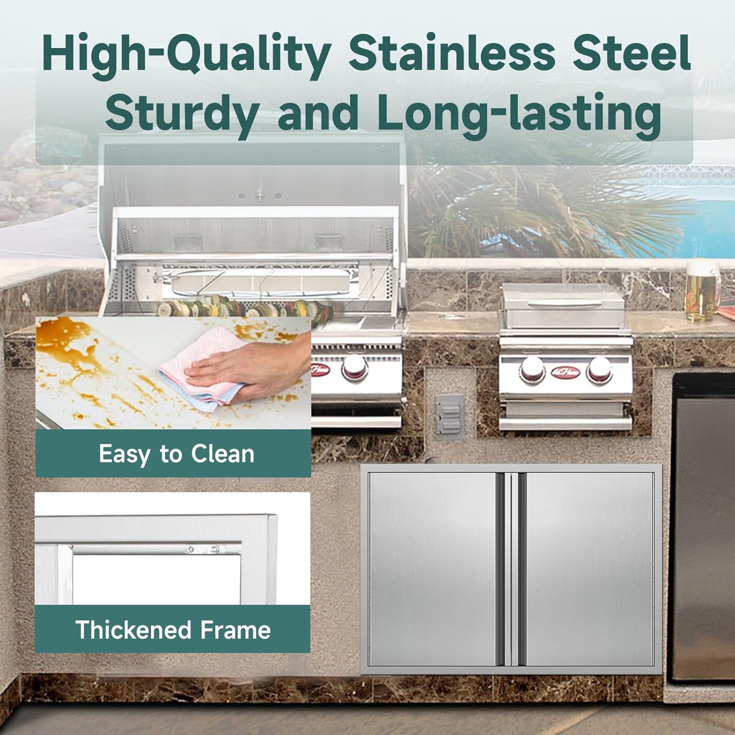 Outdoor Kitchen Doors - 30W x 21H Inch Stainless Steel, Double Access Cabinet Door with Hidden Handles, Flush Mount for Grilling Station, BBQ Island Cabinet