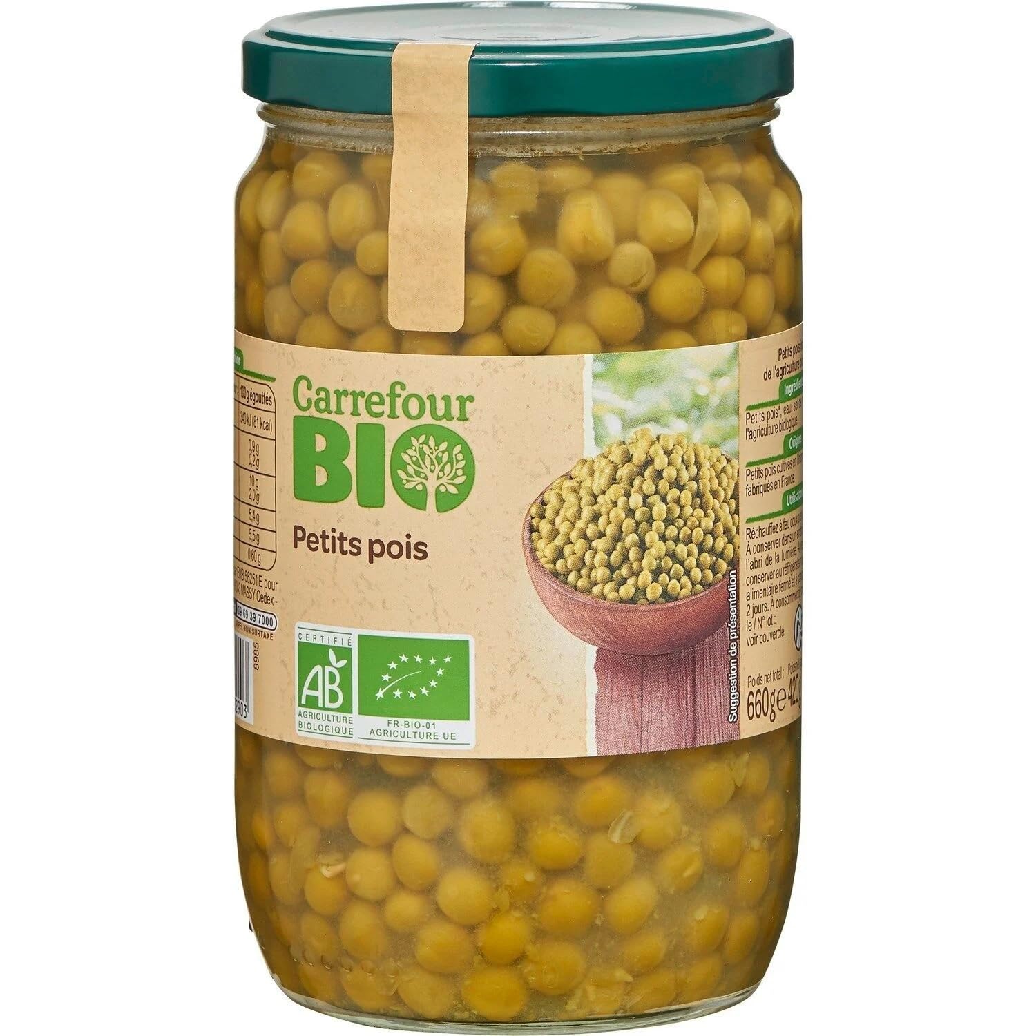 CARREFOUR BIO - Petits Pois Bio - le bocal de 420g net égoutté - 660g - Le Lot De 4