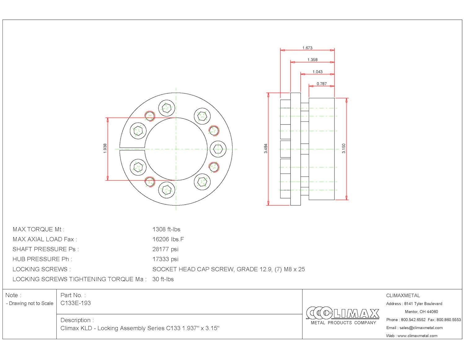 C133E-193 Series 133 Locking Assembly, Steel, 1.94" ID, 1.61" Width, 1-15/16" Shaft Diameter