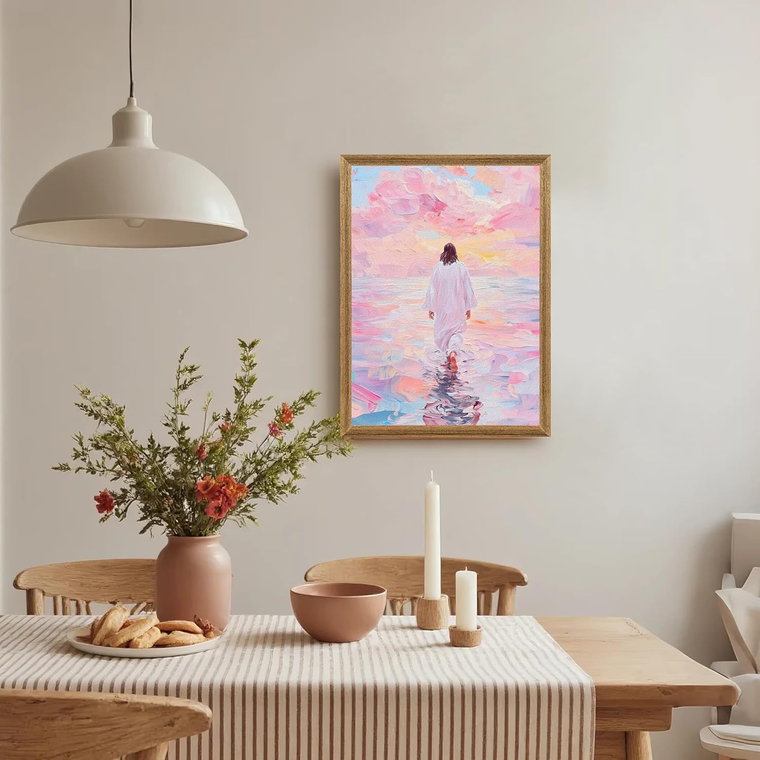Palette Dreams Pink Jesus Walking On Water Canvas Wall Art, Religious Savior Wall Decor For Home And Religious Spaces, Inspiring Christian Poster Prints for Bedroom Prayer Room 12 x 16 Inch Framed