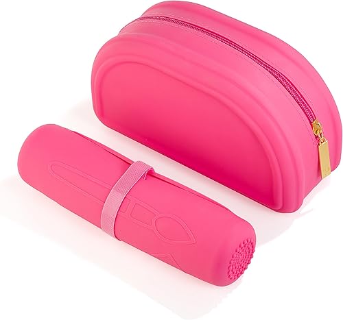 Miniatura 3 de Juego de bolsa de maquillaje de silicona y soporte para brochas, Rosa encendido, Bolsa de maquillaje de silicona