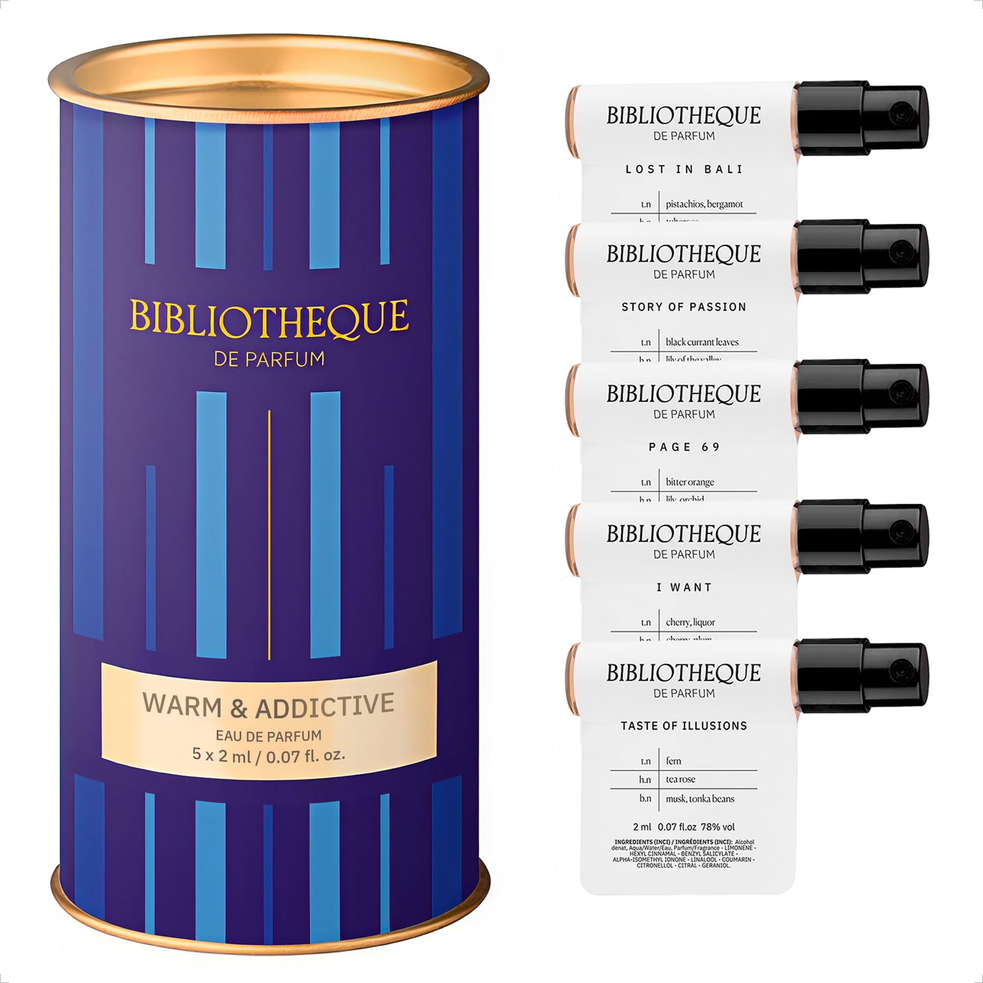 Bibliotheque de Parfum Warm & Addictive Set, Eau de Parfum für Damen, sinnliches und anziehendes Mini Parfüm Set mit 5 langanhaltenden Nischendüften, Geschenkset für Frauen (5x2ml)